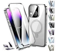 Transmitg Phone Case for iPhone 16/15/14 Series - Privacy Magnetic Double-sided Tempered Glass Case with Ring Holder Kickstand, All-Round Protection (HD/Silver,for iPhone 12)
