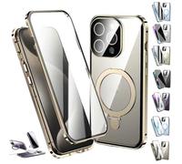 Transmitg Phone Case for iPhone 16/15/14 Series - Privacy Magnetic Double-sided Tempered Glass Case with Ring Holder Kickstand, All-Round Protection (HD/Gold,for iPhone 14promax)