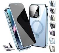 Transmitg Phone Case for iPhone 16/15/14 Series - Privacy Magnetic Double-sided Tempered Glass Case with Ring Holder Kickstand, All-Round Protection (Privacy/Blue,for iPhone 14promax)