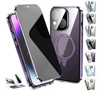 Transmitg Phone Case for iPhone 16/15/14 Series - Privacy Magnetic Double-sided Tempered Glass Case with Ring Holder Kickstand, All-Round Protection (Privacy/Purple,for iPhone 12pro)