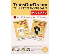 TransOurDream Inkjet & Laser Printer Mix Pack 20+20 Sheets A4 | Iron-on Printable Heat Transfer Vinyl 3.0 Transfer Paper for Dark and Light Colored Fabrics