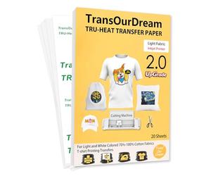 TransOurDream Tru-Transfer Paper T-Shirt Printing 20 Sheets A4 Inkjet Heat Transfers for Light Fabric Printable Vinyl Upgraded 2.0 Iron on Printer Paper for White T-Shirts/Textiles/Clothes