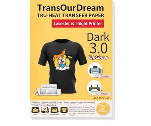 TransOurDream Tru-Transfer Paper Upgraded 3.0 10 Sheets A4 Printable Vinyl for Inkjet&Laser Printer Iron on Heat Transfer Paper for Dark Fabric Transfers Black T-Shirts (Trans-03-10)