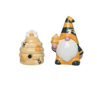 Transpac Ceramic Bee Gnome and Beehive Salt Pepper Shakers, 4 Inch, yellow, black, white