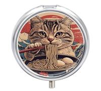 Transparent 3-Compartment Medicine Pill Case, Portable Round Pill Box for Pocket or Purse, Decorative Metal Medicine Vitamin Organizer. (A cat Eating Noodles)