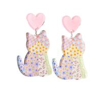 Transparent Acrylic Cute Cat Earrings Cartoon Flower Leaf Bookshelf Printed Drop Dangle Earring for Women Jewelry, Acrylic, wood