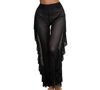 Transparent Beach Cover Up Women's Trousers - Beach Trousers Women's Transparent Mesh Ruffle Trim Cover-Up Trousers Beach Wrap Bikini Wrap Swimwear Trousers Bikini Bottom Cover-Up Trousers, black,