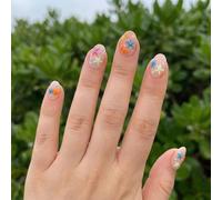 Transparent Blue Ocean Theme Oval False Nails with Colourful Starfish & Glitter Details - Easy Apply Nail Stickers for Women Teens Daily Wear Beach Holiday Summer Style Decorations