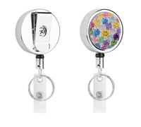 Transparent Glass Happy Face Retractable Work Badge Holder Keychain Badge Reel 24.4" Cord & 360° Swivel Alligator Clip Heavy Duty Id Name Tag Holder for Nurses Doctors Teachers Office Workers