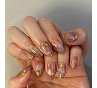 Transparent Gradient Almond Press-On Nails with Amber Brown & Gold Glitter - Long Metallic Decor Elegant Manicure for Daily Social Events & Festive Occasions, High Gloss Smooth Finish