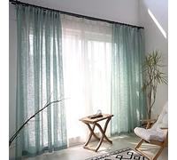 Transparent Green Ruffle Tape Curtains - Pack of 2 140x175 cm Long Voile Window Drapes Decorative Scarf for Living Room & Country House Elegant Sheer Curtains