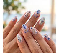 Transparent Pink Gradient Floral Press On Nails with Blue Evil Eye Charm - Almond Short Square False Nails, French Manicure Design & Artisan Fashion Accessory for Women, Easy Application and Reusable