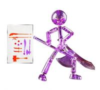 Transparent Posable Stickman Action Figure, 5.5" Assemble-Your-Own Model with Movable Joints & Armament Pack, Stop Motion Collectable for Display, Collectors Gift Desk Decor (Purple)