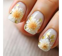 Transparent Press-On Nails with 3D White Daisy Flowers and Golden Highlights - Short Square Artificial Nails Set, Glossy Acrylic Full Cover for Women, Wedding, Party, Daily Wear