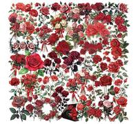 Transparent Red Rose Stickers 50 Pcs Waterproof Vintage Natural Floral Sticker for Water Bottle Luggage Scrapbook Helmet Laptop Bumper Cars Bicycle,Vinyl Funny Trendy Plant Decals for Girls Adults