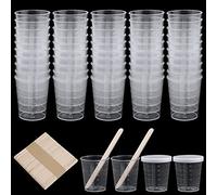 Transparent Scale Cups,50pcs 30ml Plastic Graduated Cups with Lids Plastic Mixing Cup Reusable Measuring Cups with 50 Pack Wooden Stirring Sticks for Kitchen Cooking DIY Painting Medication Handmade