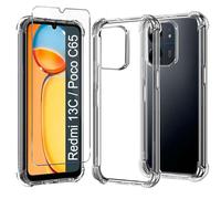 Transparent Soft Mobile Phone Case for Xiaomi Redmi 13C/Poco C65/Redmi 13 C Case, 1 Tempered Glass and 1 Case Protective Bumper Cover Silicone Gel for Redmi 13C/Poco C65/13 C Airbag Case Transparent