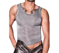 Transparent Undershirt for Men Slim Fit See Through Gym Tank Tops Sleeveless Striped Muscle Vest Sheer Elastic Sport T Shirt Clubwear Nightwear Grey