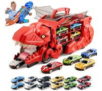 Transport Dinosaur Truck with Foldable Sliding, 2025 New Dinosaur Transporter Truck Car Toy with 12 Race Cars, Dino Transport Carrier Track Trucks, Boys Girls Gifts for Birthday Christmas (Red)