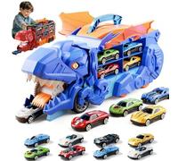 Transport Dinosaur Truck with Foldable Sliding, 2026 New Inosaur Transport Truck Toy with 4/8/12 Alloy Car & Ejection Folding Track, Portable Monster Trucks Set,Christmas Birthday Gift (Blue,8cars)