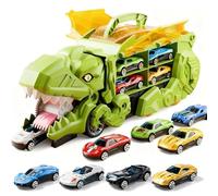 Transport Dinosaur Truck with Foldable Sliding, 2026 New Inosaur Transport Truck Toy with 4/8/12 Alloy Car & Ejection Folding Track, Portable Monster Trucks Set,Christmas Birthday Gift (Green,4cars)