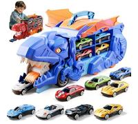 Transport Dinosaur Truck with Foldable Sliding, 2026 New Inosaur Transport Truck Toy with 4/8/12 Alloy Car & Ejection Folding Track, Portable Monster Trucks Set,Christmas Birthday Gift (Blue,4cars)