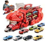 Transport Dinosaur Truck with Foldable Sliding, 2026 New Inosaur Transport Truck Toy with 4/8/12 Alloy Car & Ejection Folding Track, Portable Monster Trucks Set,Christmas Birthday Gift (Red,4cars)