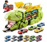 Transport Dinosaur Truck with Foldable Sliding, 2026 New Inosaur Transport Truck Toy with 4/8/12 Alloy Car & Ejection Folding Track, Portable Monster Trucks Set,Christmas Birthday Gift (Green,12cars)
