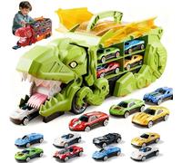 Transport Dinosaur Truck with Foldable Sliding, 2026 New Inosaur Transport Truck Toy with 4/8/12 Alloy Car & Ejection Folding Track, Portable Monster Trucks Set,Christmas Birthday Gift (Green,8cars)