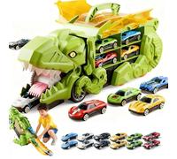 Transport Dinosaur Truck with Foldable Sliding, Dino Swallowing Railcar, Transforms into Race Track, Tyrannosaurus Rex Push-Pull Transport Vehicle with 12 Mini Alloy Cars (Green)