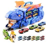 Transport Dinosaur Truck with Foldable Sliding, Dino Swallowing Railcar, Transforms into Race Track, Tyrannosaurus Rex Push-Pull Transport Vehicle with 12 Mini Alloy Cars (Blue)