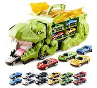 Transport Dinosaur Truck with Foldable Sliding, Dinosaur Transporter Truck Car Toy with 4/6/8/12 Race Cars, Dino Swallowing Railcar, Birthday Christmas Great Gifts for Boys Girls (Green,12 Car)