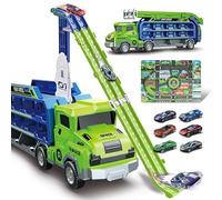 Transport Truck Toy Cars with Foldable Race Track & 6 Random Alloy Cars Inertial Gliding Carrier Vehicles Toys Set 3D Deformation Storage Play Gifts for 3-8 Year Old Boys Girls (Green)