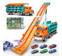 Transport Truck Toy Cars with Foldable Race Track & 6 Random Alloy Cars Inertial Gliding Carrier Vehicles Toys Set 3D Deformation Storage Play Gifts for 3-8 Year Old Boys Girls (Orange)
