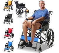 Transport Wheelchair Lightweight Foldable,Load Capacity 150 Kg, with Drum Brake,with Self-Propulsion,Travel Red(Blue)