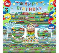 Transportation Birthday Party Decorations - Transportation Party Supplies, Plates Cups Napkins Tablecloth Happy Birthday Backdrop Balloon Cake Toppers for Truck Cars Construction Party Supplies