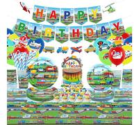 Transportation Birthday Party Decorations - Transportation Party Supplies, Plates Cups Napkins Tablecloth Happy Birthday Banner Balloon Cake Toppers for Truck Cars Construction Supplies