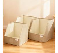 Trapezoid Fabric Storage Bins 3 Pack, Collapsible Closet Shelf Organizers | with Open Front for Easy Access, Non-Woven Linen Towel Containers for Top Shelves, Nursery, Laundry Room,