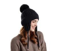 Trapper Hat Lined Women's Winter Warm Knit Hat with Cute Earflaps Thickened Fleece Lined Fuzzy Winter Hats (Black, One Size)