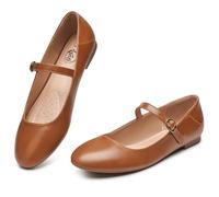 Trary Mary Jane Ballet Flats, Black Flats for Women, Ankle Strap Dressy Comfortable Flats, Brown, 8