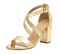 Trary Women’s Ankle Strap Dress Pump Open Toe Chunky Block Heel Sandals Comfy Wedding Shoes, Gold, 9 UK