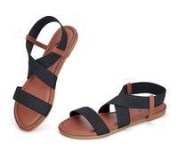 Trary Women's Flat Sandals, Comfortable Elastic Strappy Sandals, Round Toe Summer Slides for Walking, Beach & Travel