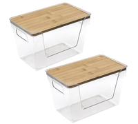 Trash Bag Dispenser, 2PCS Large Capacity Stackable Open Front Storage Bins, Clear Trash Bag Holder with Bamboo Lids and Handle, Garbage Bag Dispenser for Kitchen Laundry Room Organization