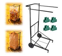 Trash Bag Holder with Wheels, Adjustable Metal Leaf Bag Holder with 4 Clips, Heavy Duty Outdoor Mobile Garbage Bags Cart, Lawn Garbage Bag Stand Holds 35-45 Gallon for Lawn Leaves, Camping, Weeding