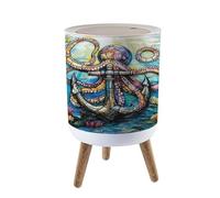 Trash Bin with Lid 1.8 Gallon Garbage Bins Colossal Stained Glass Octopus with Anchor Corals Trash Can Living Room Bathroom Kitchen Office Nappy Bin Dog Proof Waste Basket