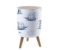 Trash Bin with Lid 1.8 Gallon Garbage Bins Vintage Nautical Toile De Jouy Seamless Lighthouse Seagulls Seaside Trash Can Living Room Bathroom Kitchen Office Nappy Bin Dog Proof Waste Basket