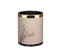 Trash Can Luxury Metal Waste Bin with Leather Cover,Open Top Office Wastebasket,Double Layer, Round Shaped (Golg Carve with Gold Ring)