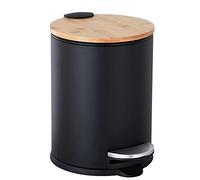 Trash Can with Bamboo Lid Soft Close and Foot Pedal, 0.8Gal/3L Mini Round Trash Can with Removable Plastic Inner Wastebasket for Bathroom, Bedroom, Powder Room, Office, Desk, Car, Black