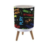 Trash Can with Lid Seamless Abstract in Pixel Game Style with dice Words for Boys Press Cover Small Garbage Bin Round with Wooden Legs Waste Basket for Bathroom Kitchen Bedroom 7L/1.8 Gallon