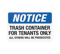 Trash Container For Tenants Only All Others Will Be Prosecuted Metal Warning Sign for Indoor Outdoor Security, Business Office Home Garden Street Decor 30 x 20 cm